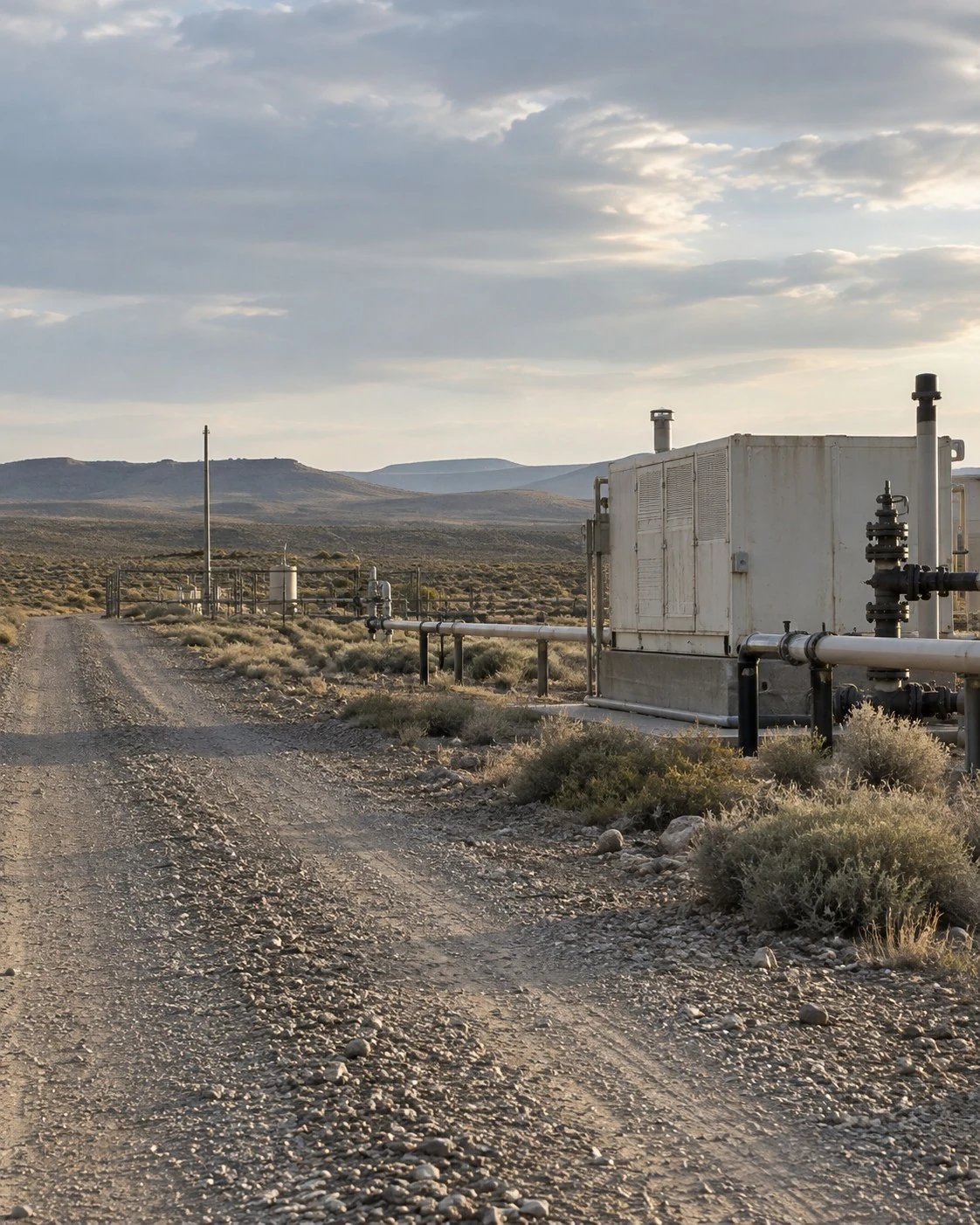 Illustrative modular infrastructure beside a gas well in Patagonia