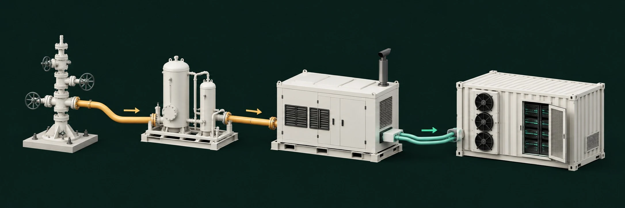 Gas flows from a wellhead through conditioning equipment to a generator that powers a Bitcoin mining container
